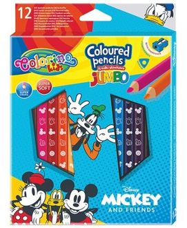Spalvoti pieštukai COLORINO Disney "Peliukas Mikis" JUMBO, tribriauniai, su drožtuku, 12 spalvų