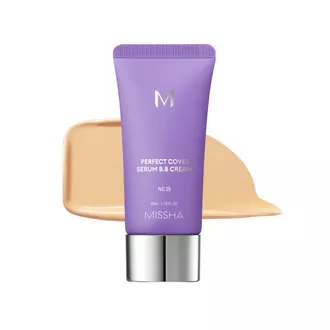 Missha M Perfect Cover Serum BB Cream serumo pagrindo kremas, No.25 Warm Beige, 20 ml.