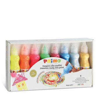 Primo guašas buteliukuose, fluorescensinių ir metalizuotų spalvų, 8x75 ml.