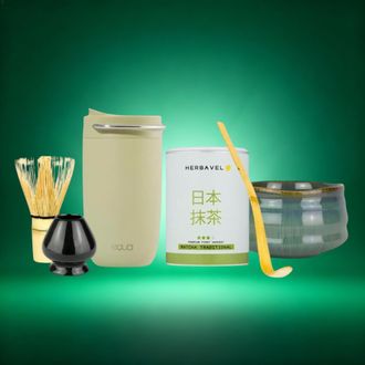 Matcha rinkinys arbatos ceremonijai ir termo puodelis