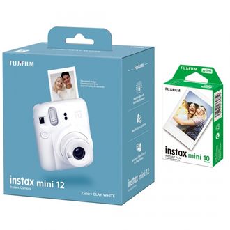 Fujifilm Instax Mini 12 Film Camera, White + Instax Mini Glossy Paper, 10 Pcs.