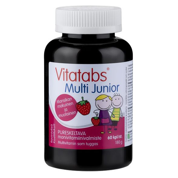 Vitatabs Multi Junior kramtomi braškių skonio vitaminų guminukai vaikams, 60 guminukų