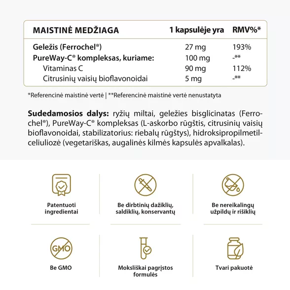 Avel bioaktyvi geležis Ferrochel® su PureWay-C®, 90 kapsulių