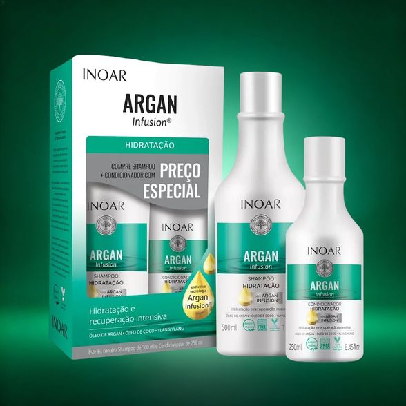 Inoar Argan Hydrating Duo Kit plaukus drėkinantis šampūno ir kondicionieriaus rinkinys, 500 ml+250 ml.