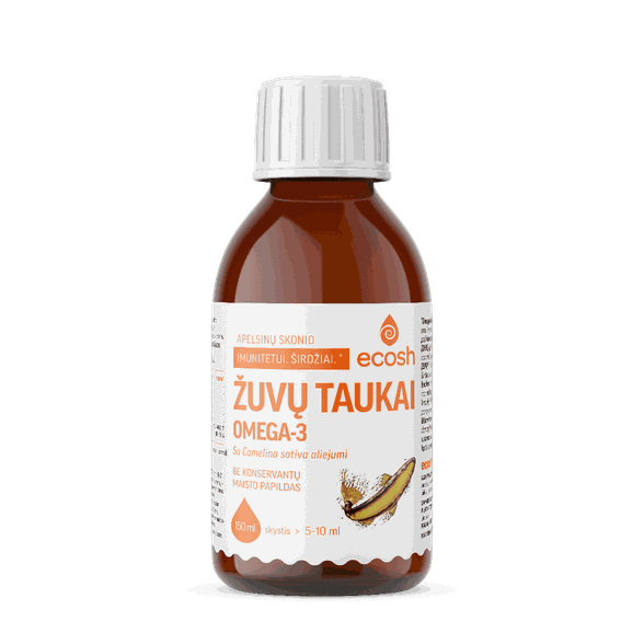 ECOSH Žuvų taukai, su Camelina sativa aliejumi,apelsinų skonio, 150ml