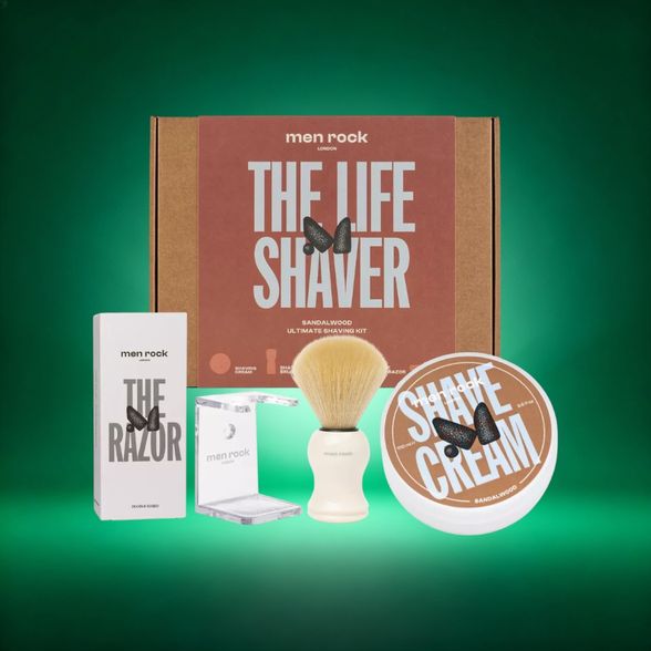 Men Rock Ultimate Shaving gift Set Sandwood Skutimosi rinkinys su dviašmeniu skustuvu